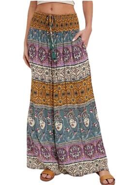 Bluivy Boho Smocking Waist Wide Leg Pant Women's S Green Gold Crinkle Festival